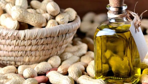 Glass bottle of peanut oil with a cork stopper next to a bowl of peanuts on a wooden surface. - Olive Oil Times