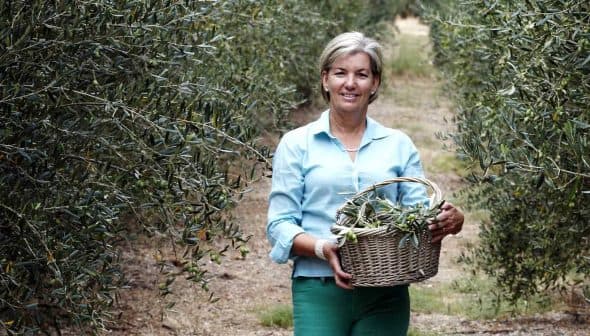 Woman standing in an olive grove, holding a woven basket filled with olives. - Olive Oil Times