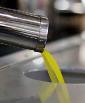 Stream of olive oil pouring from a metal dispenser into a circular opening. - Olive Oil Times