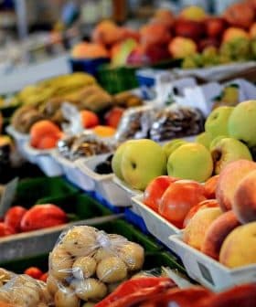 A selection of fresh fruits and vegetables displayed at a market stall, with a person holding a shopping list. - Olive Oil Times