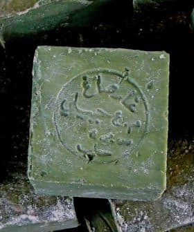 A close-up of a traditional Aleppo soap bar with an embossed design on its surface. - Olive Oil Times
