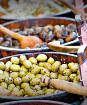 Multiple wooden bowls filled with different types of olives, each with a wooden spoon for serving. - Olive Oil Times