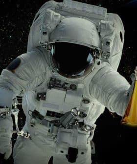 An astronaut in a space suit holding a flask filled with a yellow liquid while floating in space. - Olive Oil Times