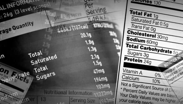 Collage of various nutritional information labels displaying serving sizes and nutrient values. - Olive Oil Times