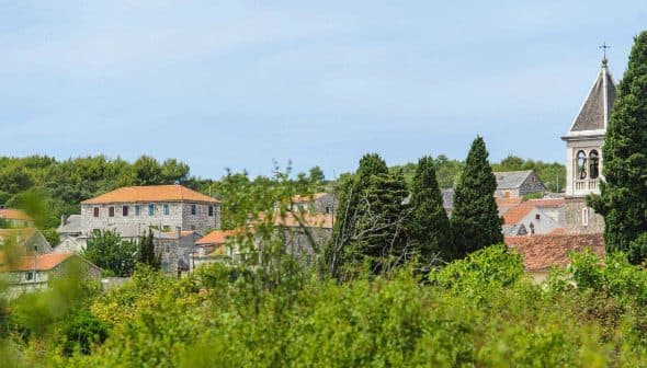 A village landscape featuring a church tower and traditional buildings among greenery. - Olive Oil Times