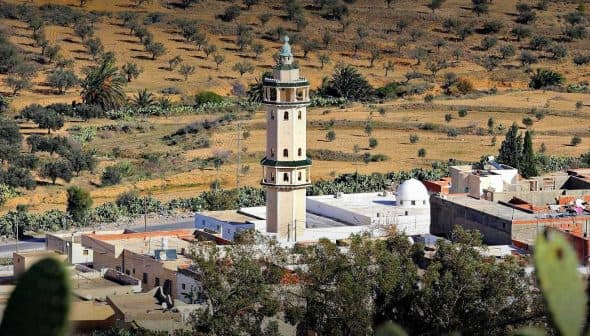 A minaret located in a rural area, surrounded by olive trees and agricultural land. - Olive Oil Times