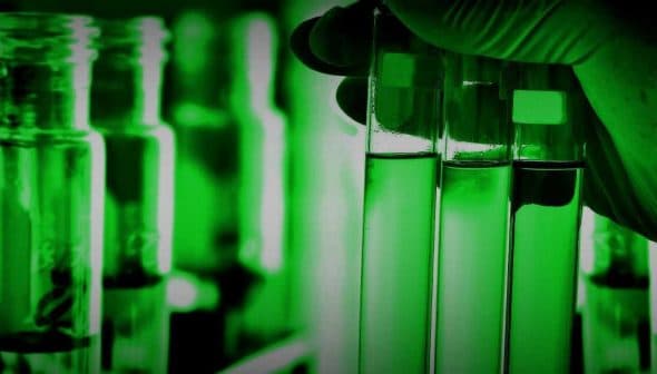 A hand wearing a glove holds multiple test tubes containing green liquid in a laboratory setting. - Olive Oil Times