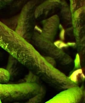 Microscopic view of Listeria bacteria with a greenish hue and elongated shapes. - Olive Oil Times