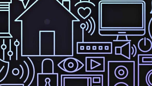 A collection of line-drawn icons depicting various smart home technology elements on a dark background. - Olive Oil Times