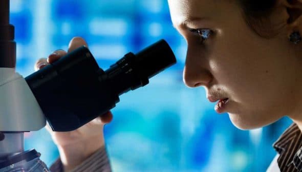 A female scientist examining a sample through a microscope in a laboratory setting. - Olive Oil Times