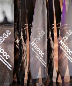 Collection of awards with the year 2018 displayed on a shelf against a brick wall. - Olive Oil Times