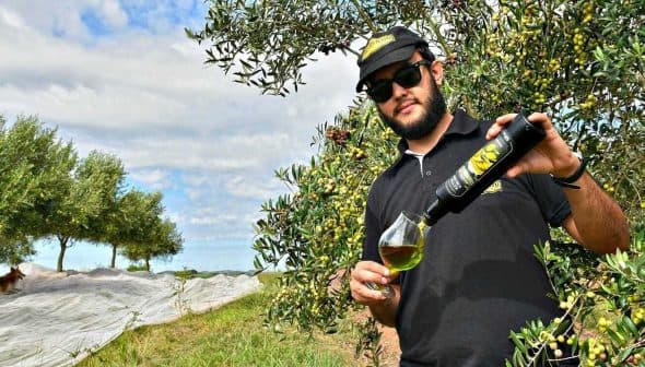 Man in sunglasses pouring olive oil from a bottle into a glass while standing among olive trees. - Olive Oil Times