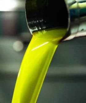 Golden green olive oil pouring from a metal spout in a production facility. - Olive Oil Times