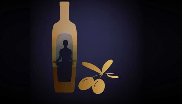 Illustration of an olive oil bottle with a silhouette inside and olive branches beside it. - Olive Oil Times