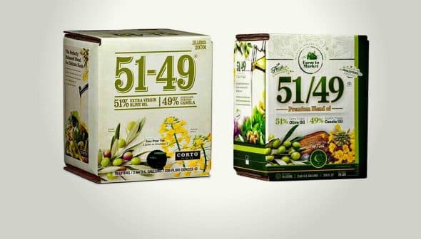 Two boxes of 51-49 extra virgin olive oil with distinct designs and labeling. - Olive Oil Times