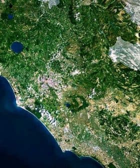 Satellite view of the Lazio region in Italy, showing land and water features. - Olive Oil Times