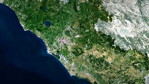 Satellite view of the Lazio region in Italy, showing land and water features. - Olive Oil Times