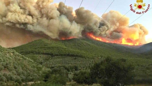 Smoke and flames rising from a wildfire in a mountainous region with trees below. - Olive Oil Times
