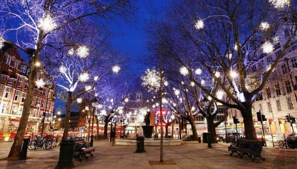 City square with illuminated trees and light decorations during nighttime. - Olive Oil Times