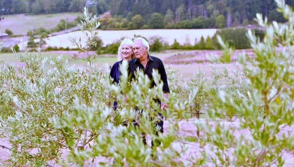 A couple standing together among young olive trees in a field. - Olive Oil Times