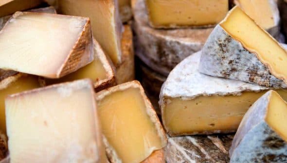 Various types of cheese displayed, including wedges and rounds with different textures and colors. - Olive Oil Times