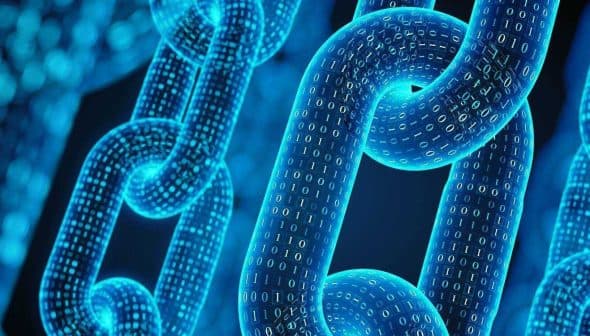 3D illustration of interconnected chains with binary code representing blockchain technology. - Olive Oil Times