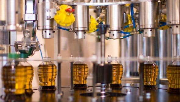 Industrial olive oil bottling machine with filled bottles on a production line. - Olive Oil Times