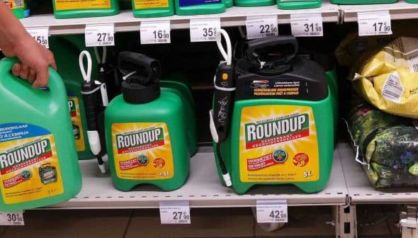 Various containers of Roundup weed killer displayed on a store shelf with price tags. - Olive Oil Times