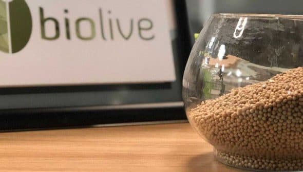 A glass bowl filled with small beige seeds placed on a wooden surface near a Biolive sign. - Olive Oil Times