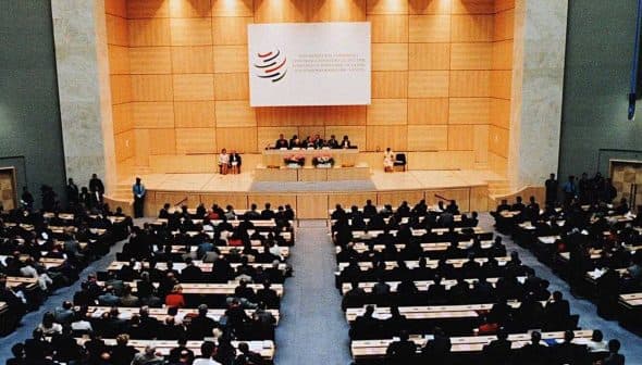 Interior view of a large conference hall during a World Trade Organization meeting with attendees seated. - Olive Oil Times