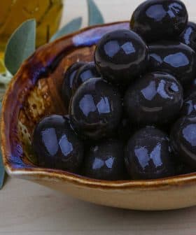 A ceramic bowl filled with glossy black olives, accompanied by olive oil and olive leaves. - Olive Oil Times