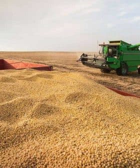 A green combine harvester working in a field with a trailer filled with harvested crops. - Olive Oil Times