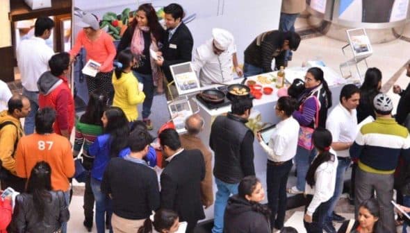 Group of people participating in an olive oil tasting event with various olive oil samples displayed. - Olive Oil Times