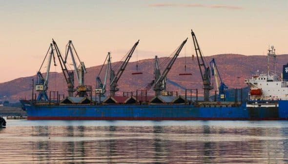 Cargo ship docked at the port of Volos with cranes and a tugboat nearby. - Olive Oil Times