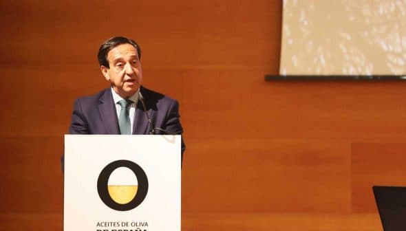Pedro Bararo, president of the Interprofessional Association of Spanish Olive Oil, speaking at a podium. - Olive Oil Times