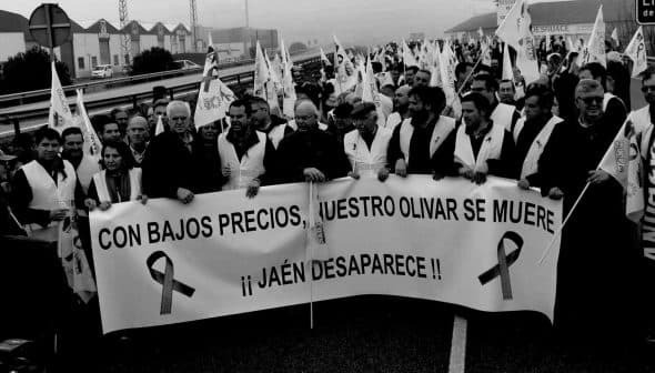 Group of individuals holding a large banner during a protest about low olive oil prices. - Olive Oil Times