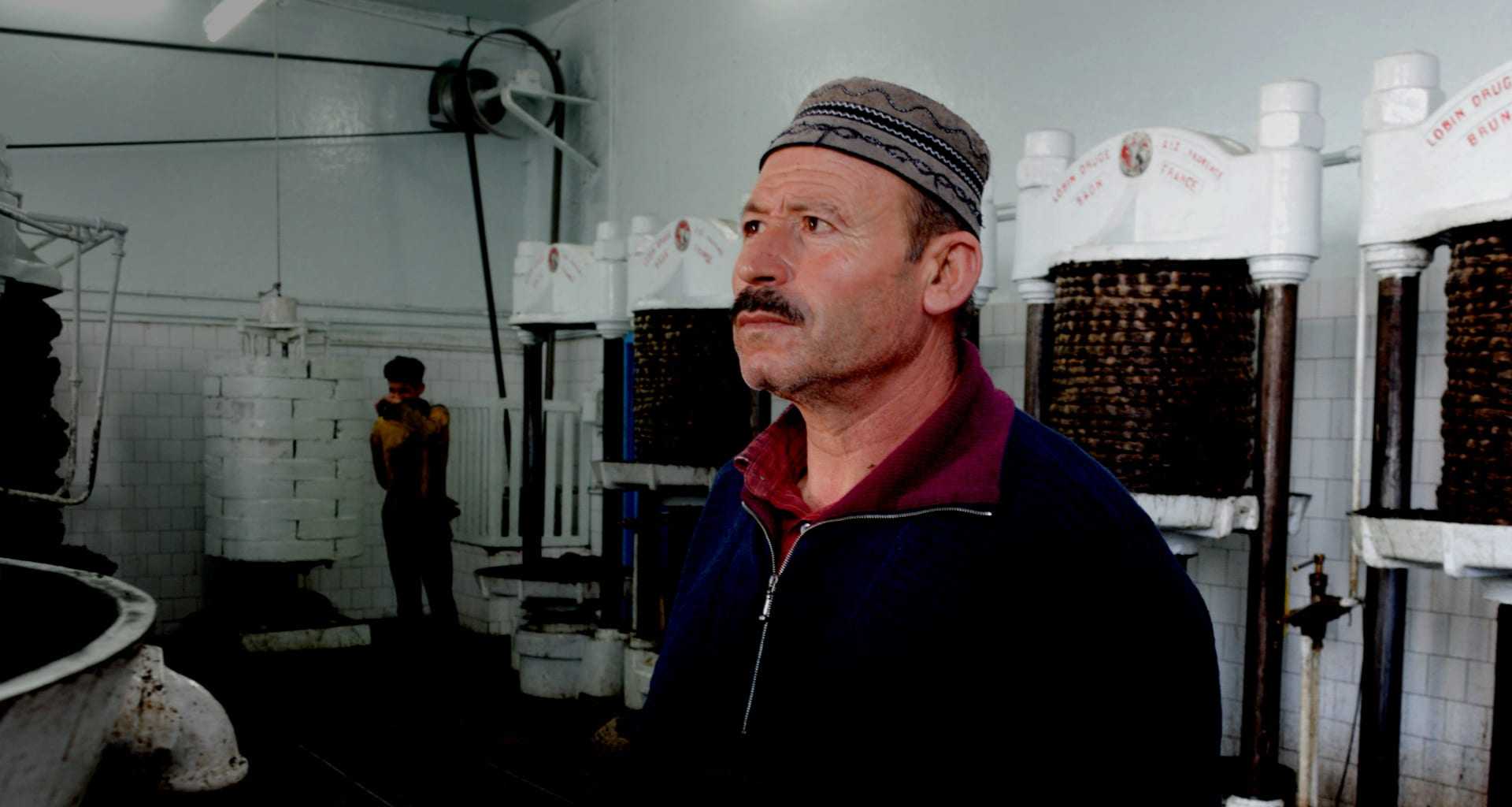 Man wearing a traditional hat standing inside an oil pressing facility with machinery in the background. - Olive Oil Times