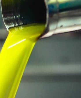 Stream of green olive oil pouring from a metal spout into a container. - Olive Oil Times