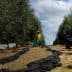 Person carrying green crates in an olive orchard with trees and black tarps on the ground. - Olive Oil Times