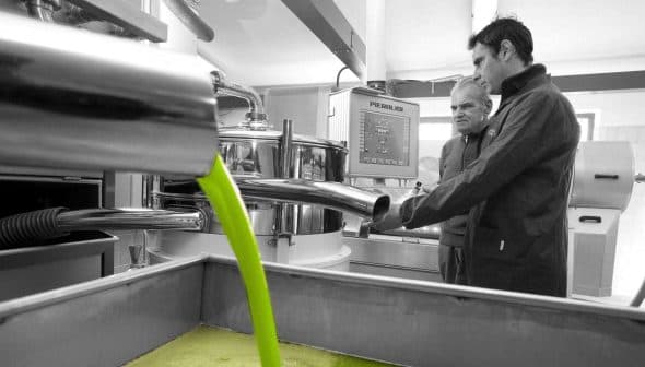 Two men observing the olive oil extraction process in a production facility with green liquid flowing. - Olive Oil Times