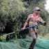 Man using a mechanical tool to harvest olives from trees in an olive grove. - Olive Oil Times