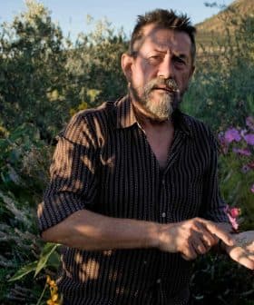Man with a beard holding soil in his hand while standing among colorful flowers. - Olive Oil Times