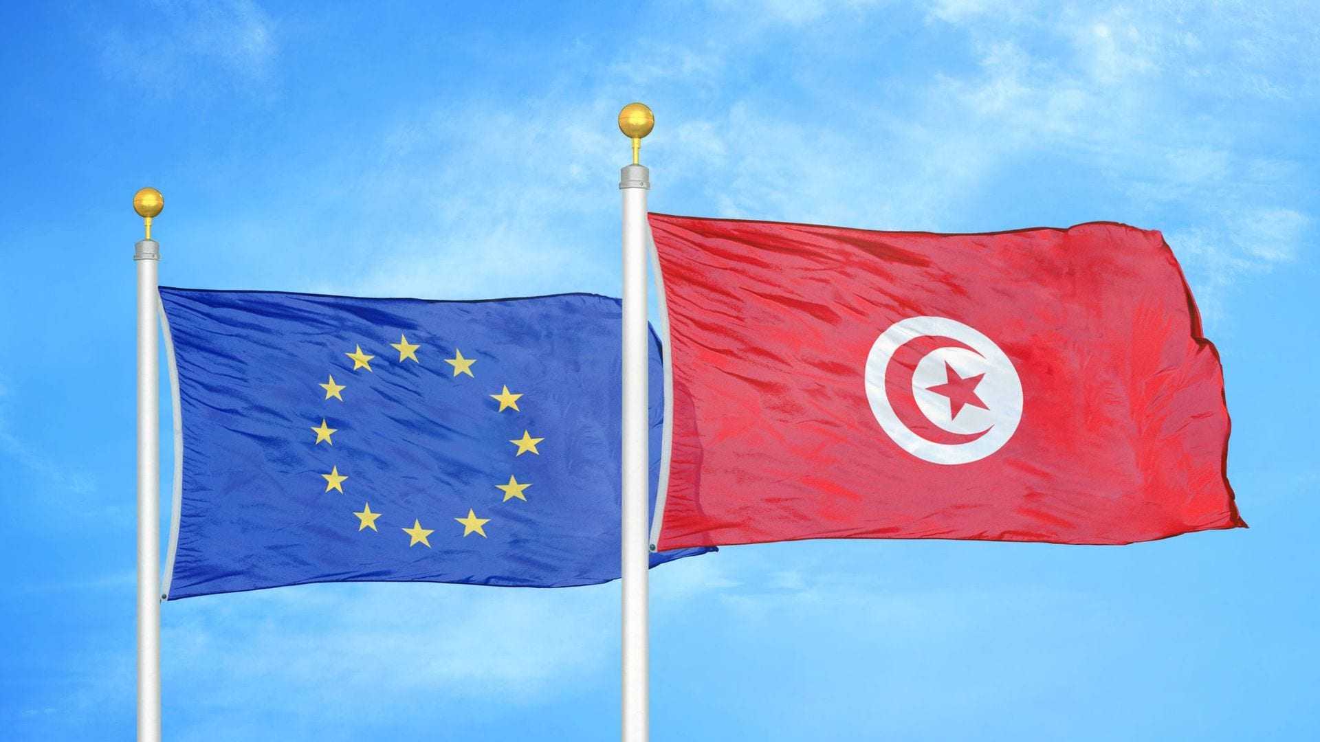 Flags of the European Union and Tunisia waving against a blue sky. - Olive Oil Times