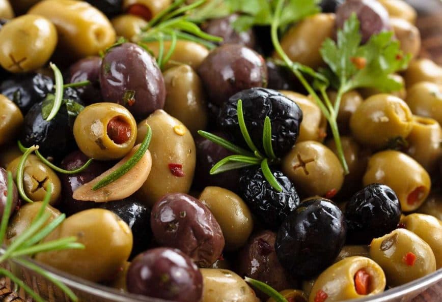 A bowl of assorted green and black olives with herbs and spices. - Olive Oil Times