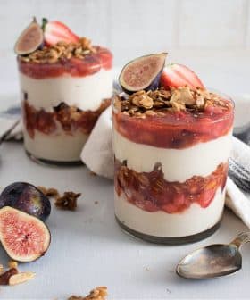 Tahini-Yogurt Mousse Parfaits with Fig and Strawberry Olive Oil Compote