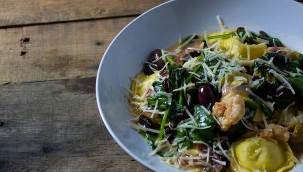 Ravioli with Gulf Shrimp, Spinach, Olives and Raisins