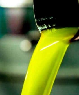 Stream of bright green olive oil pouring from a metal spout into a container. - Olive Oil Times