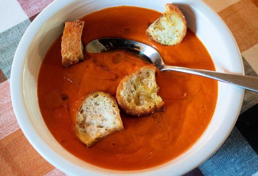 Sweet Potato and Tomato Soup with Olive Oil and Za'atar Croutons