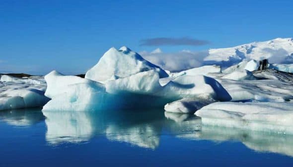 Icebergs of various shapes and sizes floating in calm water under a clear blue sky. - Olive Oil Times