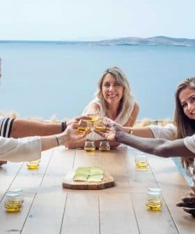 Five individuals sitting at a table, raising glasses in a toast with a scenic view of water in the background. - Olive Oil Times